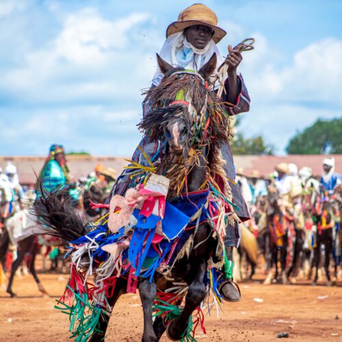 Cavalier en chapeau de paille sur un cheval orné de franges multicolores, au galop devant d'autres cavaliers.